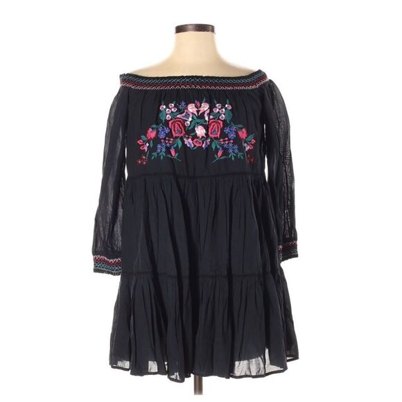 FREE PEOPLE Off The Shoulder Babydoll Tiered Mini Dress Embroidered Black XS New - Picture 3 of 13